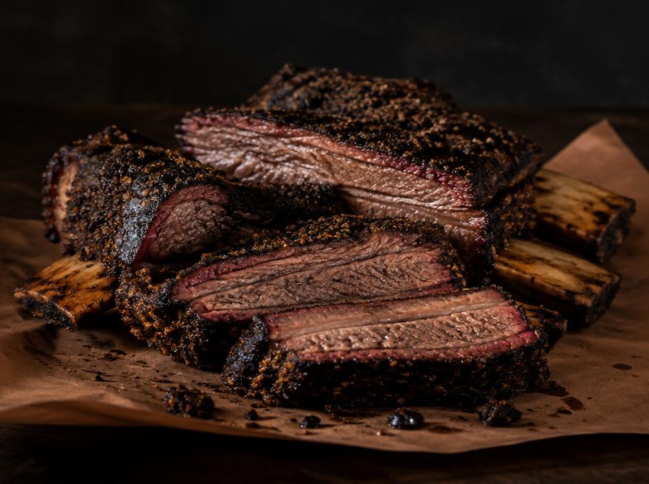 Smoked bone-in beef ribs sliced on butcher paper