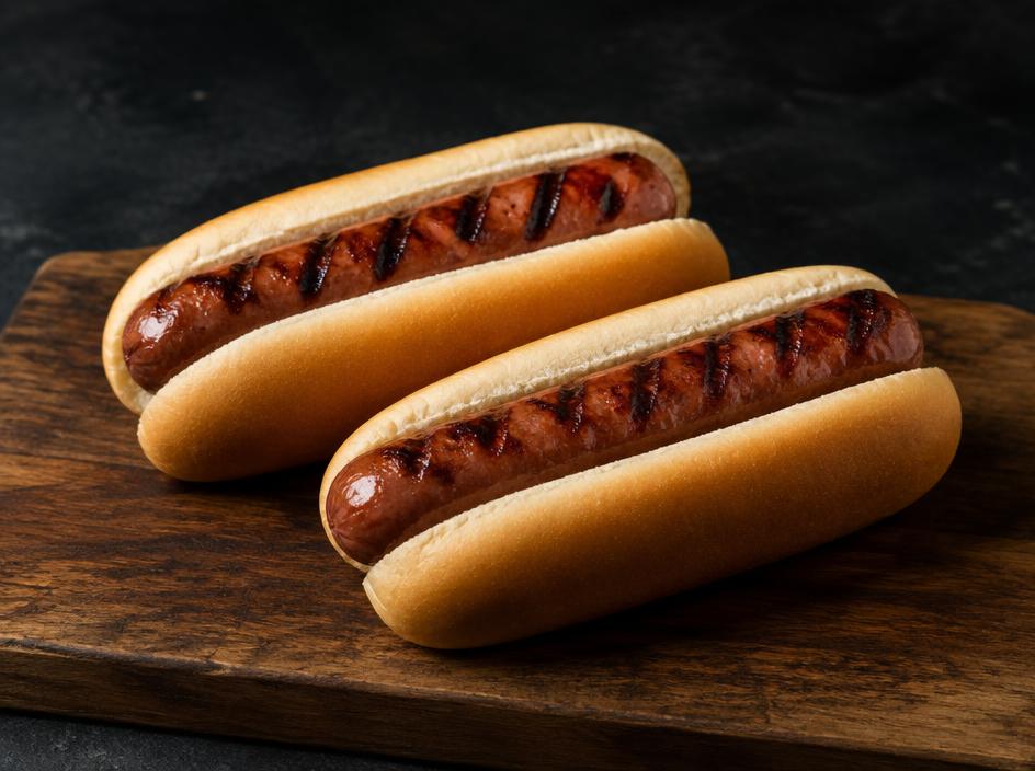 Two grilled beef hot dogs in buns